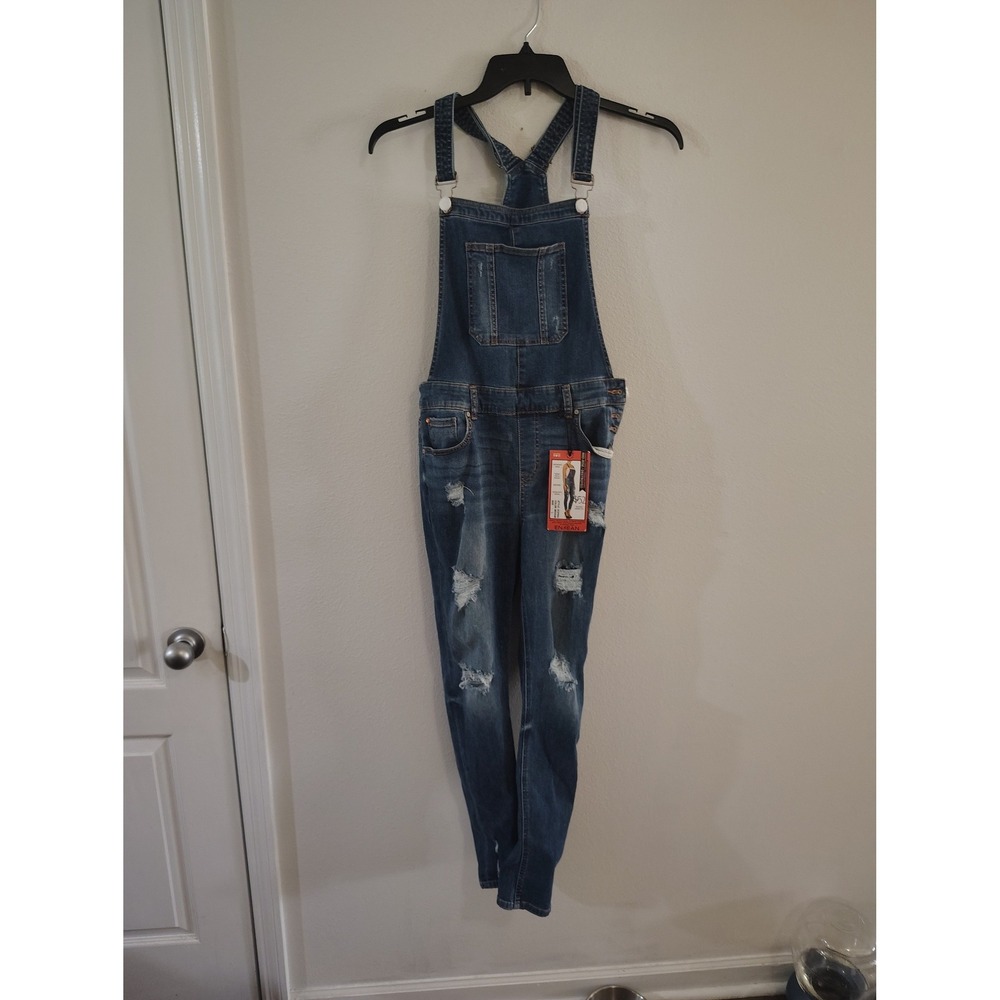 Enjean Womens Distressed Denim Overalls Medium Wash Relaxed‎ Skinny EOP903 L